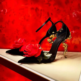 Large Red Flower Women’s Pumps Metal Tortuous Strange high Heels Black Leather Pointed Toe Sandals Woman Wedding Party New Shoes