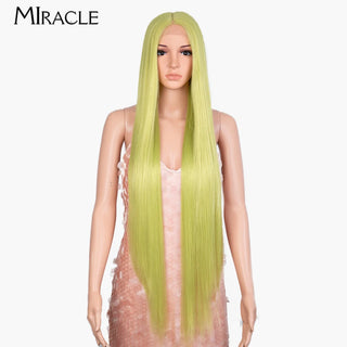 MIRACLE Synthetic Straight Lace Wig for Women Blonde Cosplay Wig Soft Long 38Inch Fiber Hair Lace Front WIg Heat Resistant