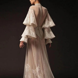 Custom medieval High Neck Formal halloween Dress Long Sleeves With Ruffles Lace Appliques Wedding Party Evening Gowns Custom Made Vestidos De Gala