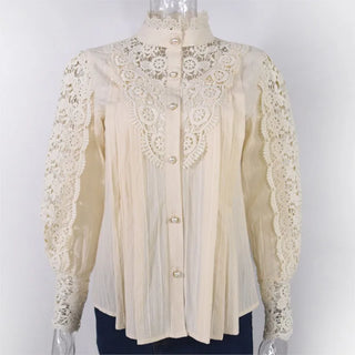 Apricot Lace Blouse Women Autumn Vintage Long Sleeve Pearl Button Flower Hollow Out Blusas See Through Mesh Shirt Camisas Elegantes
