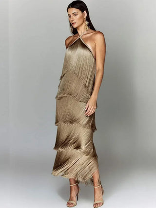 Elegant Backless Sleeveless Layered Slim Dresses Fring Metallic Color Tassel Halter Lace Up Dress
