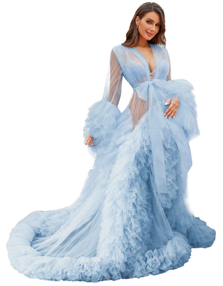 Custom luxury Dressing Gown Perspective Sheer Open Front Ruffle Tulle Long Puffy Robe old Hollywood Nightgown Dress
