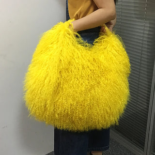 Real Mongolia Fur Handbags Women's Lamb Fur Plush Shoulder Bags Soft Fur Hobo Handbag Women Large Capacity  Purse