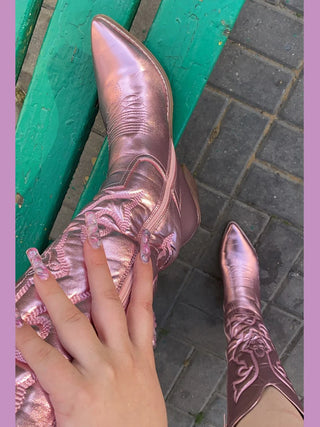Silver Metallic Cowboy Boots For Women Pointed Toe Wide Calf Western Boots Zip Embroidered Stacked Heel Wedding Spring Shoes