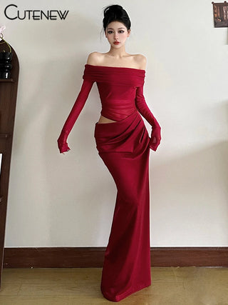 Cutenew Mesh Ruched Women Maxi Dress See Through Off Shoulder Long Sleeve Sheath Vestidos Gothic  Midnight Party Solid