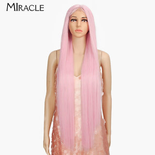 MIRACLE Synthetic Straight Lace Wig for Women Blonde Cosplay Wig Soft Long 38Inch Fiber Hair Lace Front WIg Heat Resistant