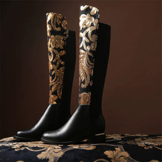 Leather Equestrian sequin zipper plush inner heightening long boots square high-heeled daily dress large-size women boots