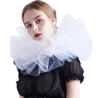 Renaissance Tulle Ruffled Fake Collar Layered Mesh Clown Choker Lace-Up Ribbon Victorian Neck Ruff Shawl Cosplay Props