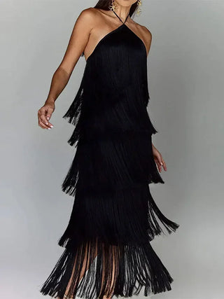 Elegant Backless Sleeveless Layered Slim Dresses Fring Metallic Color Tassel Halter Lace Up Dress