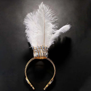 White Feather Crown Tiara Queen Performance Accessories Oversize Baroque Rhinestone Headpiece Jewelry Cosplay