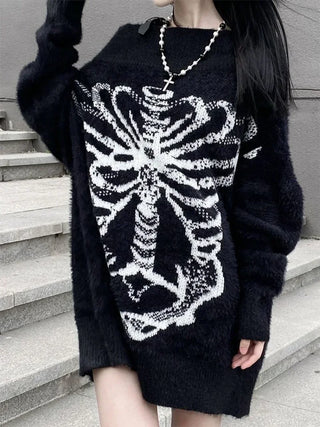 Goth Skull Print Skeleton Sweater Tops Black Pullover