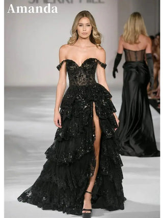 Custom Elegant Off Shoulder Multilayer Dress Customized Side High Split Lace Princess Shiny