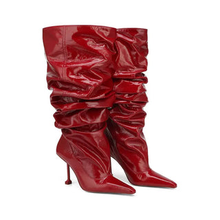 Scrunch Patent Leather Pointed High-heeled Stacked Boots with Large Tube Circumference, European and American Long Boots