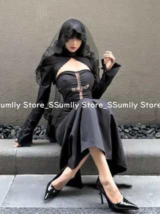Dress black Women Gothic Cut Out Cross Hip Dress Fashion Black Long Sleeve 2 Piece Set