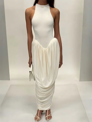 Blifanbo Pleated Elegant O Neck Maxi Dress For Women Off-shoulder Fashion Slim Fit Sleeveless Patchwork Sexy Club Party Dress