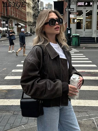 Street Short Leather Jacket Women Vintage Loose Lapel Long Sleeve Zipper Coat Spring Lady Locomotive High Street Outwear