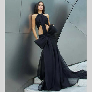 Custom Made Halter Women Dresses Mermaid Sexy Party Dress Tulle Black Off Shoulder Long Prom Gowns Bow Ruched Unique Designs