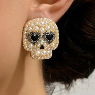 Pearl Skeleton Heart Eye Skull Stud Earrings Halloween