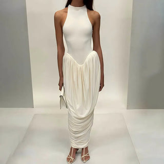 Blifanbo Pleated Elegant O Neck Maxi Dress For Women Off-shoulder Fashion Slim Fit Sleeveless Patchwork Sexy Club Party Dress