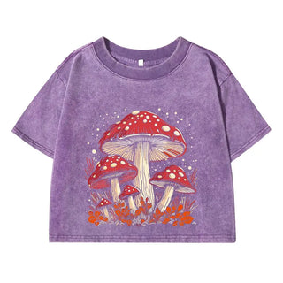 Women's Cotton Crop Tops Trend O-Neck Distressed Washed T-Shirts Red Mushroom Personality Graphic Printed Tees Street Clothes