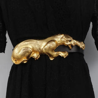 Women's Fashion Black Genuine Leather Gold Leopard corset Female Cummerbund Coat Waistband Dress Decration Wide Belt