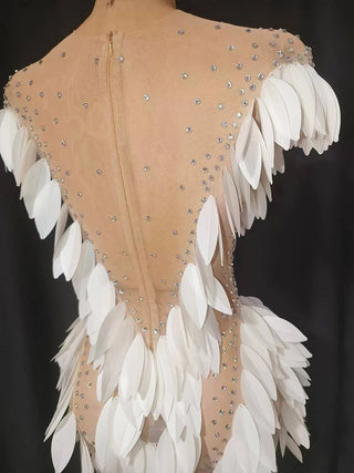 Sparkly rhinestone 3D White Sequin Feather Dress