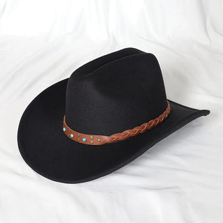 Vintage Black Western Cowboy Hat Halloween Jazz Cowgirl Leather Wide Brim