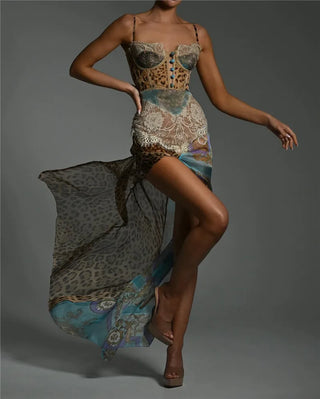 Leopard Print Lace Split Maxi Dress Women Gown Elegant Patchwork Chiffon Backless Beach Dress