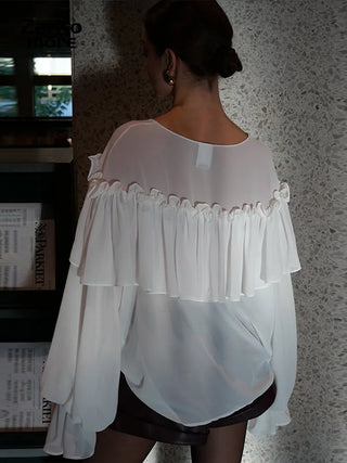 Chiffon Ruffle Shirts White Loose V-neck Lantern Sleeve See Through Blouses Spring Summer renaissance  Commute Outwears
