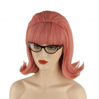HAIRJOY Synthetic Hair Pink updo Wig 70s Pinup Pelucas 60s Beehive  Vintage Look Halloween Costume Women Curly Wig wtih Bang