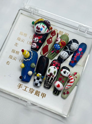 High-Quality Handmade 3D Art Press On Nails Halloween Theme Horror Clown Coffin Shape Spicy Girl Style Detachable Wear Fake Nail