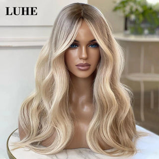 16Inch Natural Wavy Lace Front Wigs for Women Ombre Platinum Blonde Highlights Synthetic Hair Wig Wave 13x3 Lace Frontal Wig
