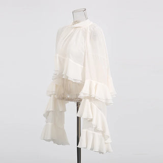 Whimsical Loose Sheer Blouse High Neck Long Sleeves Patchwork Ruffles Folds Elegant