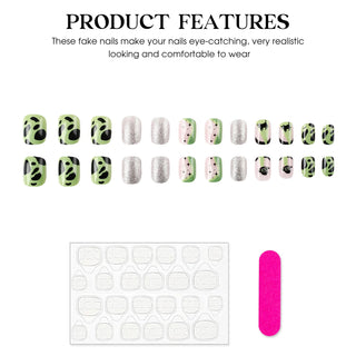 24pcs Halloween Press On Nails Medium Oval Glossy Green False Nails Black Dog UFO Design Glitter Silver Fake Nail Patches