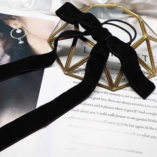 Fashion Vintage Black Velvet Bow Hair Ribbon Scrunchie for Women Girls Long Elastic Hair Tie Headwear Female Hair Accessories