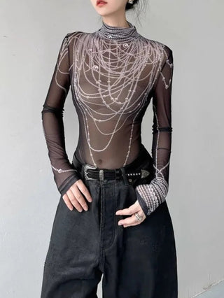 Graphic Long Sleeve T Shirts Women Gauze Transparent Slim Mesh Mock Neck Fashion Grunge Tops