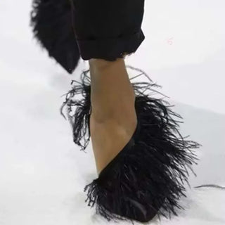Vintage High Heeled Shoes For Woman's Feather Fur Thin Heels Pointed Toe Elastic Cord