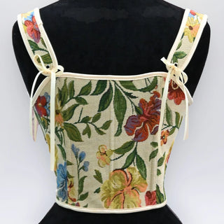 Corset Bustier Ovberbust Floral Beige Print Bodice Lace Up Front Boned Costume Shaping Tops Slimm Waist Tummy Contr