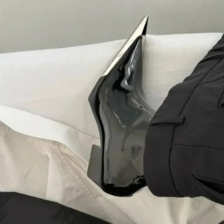 Luxury Designer Pointed Toe Boots Women Fall Chunky Heel Metal Toe Side Zip Black