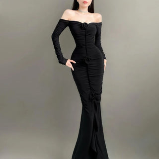 Black Off Shoulder Dark rose Flower Ruching Long Dress Gothic tight Long Sleeve Halloween Dresses