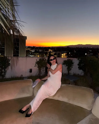 Blifanbo Pleated Elegant O Neck Maxi Dress For Women Off-shoulder Fashion Slim Fit Sleeveless Patchwork Sexy Club Party Dress