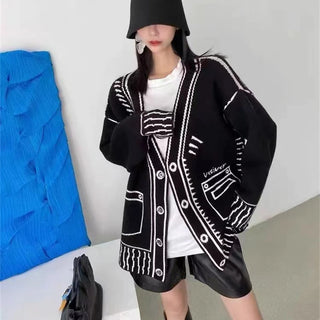 Print Graffiti Cardigan Women Long Sleeve Top Illustration Loose V-neck Sweater Autumn Winter Streetwear Knitted Female Cardigans Coat