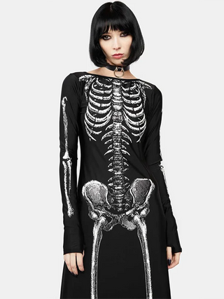 Goth skeleton Halloween Dark Gothic Dress Women Streetwear Skull Printed Long Sleeve O-neck Split Midi Dress Cosplay Clubwear