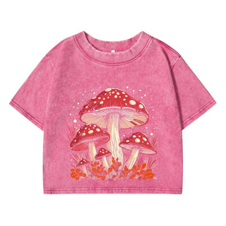 Women's Cotton Crop Tops Trend O-Neck Distressed Washed T-Shirts Red Mushroom Personality Graphic Printed Tees Street Clothes