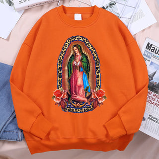 Señora De Guadalupe Sweatshirts Loose Hoodie Cartoon Fleece Hoody Clothing Casual O-Neck Hoodie Pullover