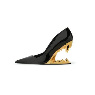 New Pointed Shallow Mouth Metal Fabric Tiger Teeth Slope Heels