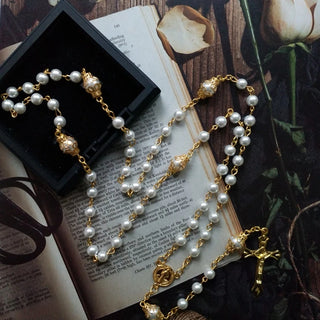 Vintage Pearl Beads Rosary Necklace Crucifix for Cross Pendant Necklaces Jewelry Charm Prayer Gifts