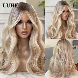 16Inch Natural Wavy Lace Front Wigs for Women Ombre Platinum Blonde Highlights Synthetic Hair Wig Wave 13x3 Lace Frontal Wig
