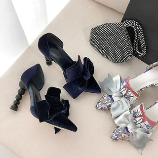 Marie pointed ribbon bow suede single shoes beaded thin high-heeled banquet dress