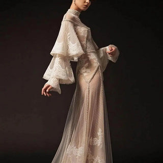 Custom medieval High Neck Formal halloween Dress Long Sleeves With Ruffles Lace Appliques Wedding Party Evening Gowns Custom Made Vestidos De Gala